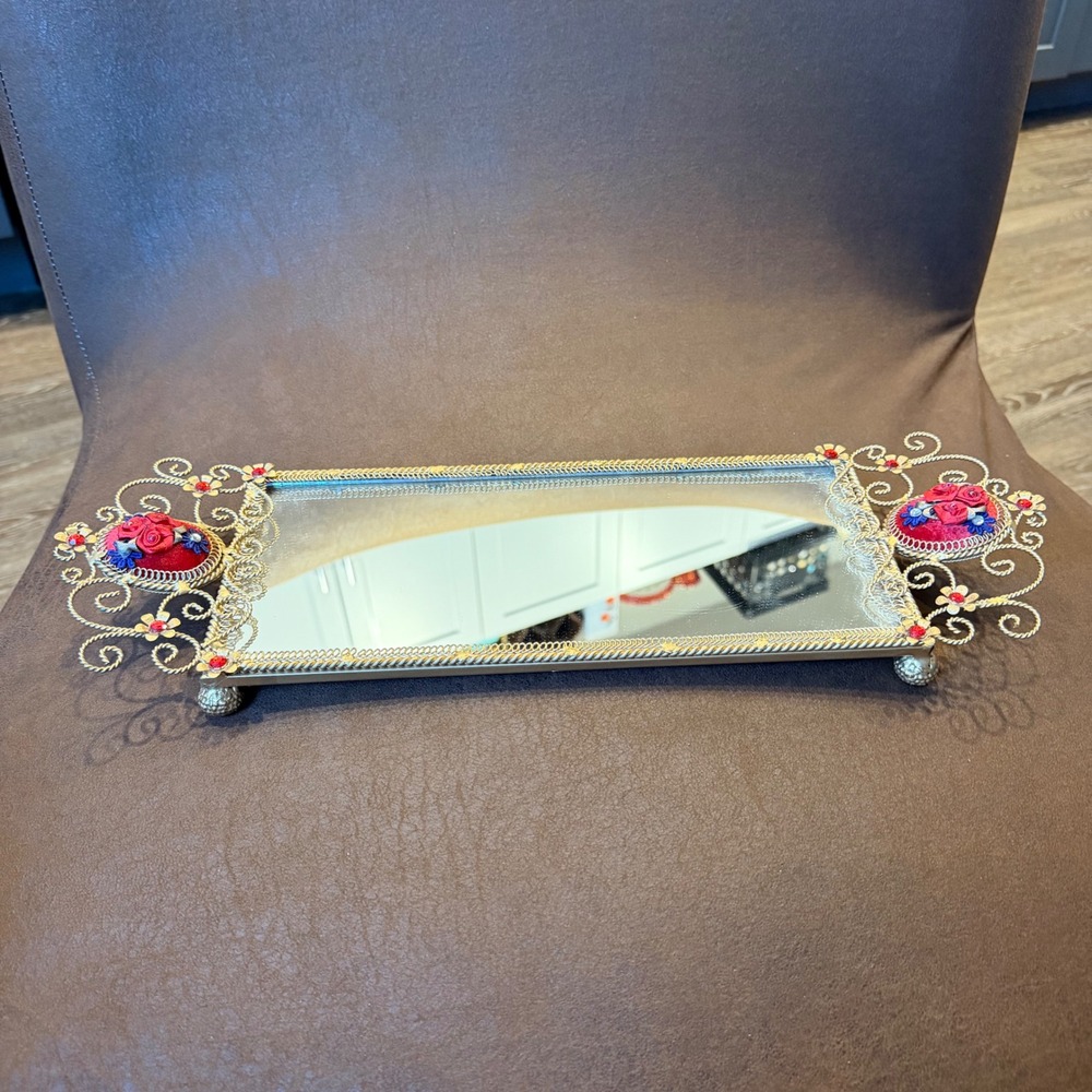 Vintage Gold Filigree Mirrored Vanity Tray Red Ribbon Rose Ornate Perfume Tray